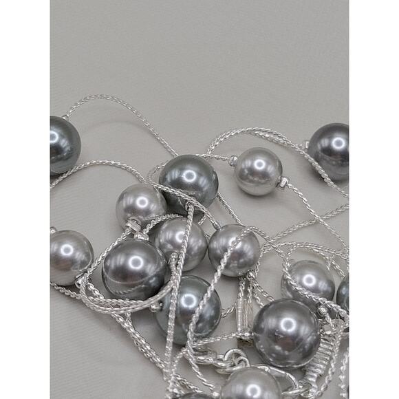 Modern Silver Tone 38 Inch Necklace with Gray Faux Pearls 10mm Beads - Picture 3 of 7